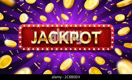 Jackpot banner con monete d'oro in caduta e confetti. Modello pubblicitario per casinò o lotteria. Vincendo denaro, Premio nel gioco d'azzardo. Congratulazioni wi Illustrazione Vettoriale