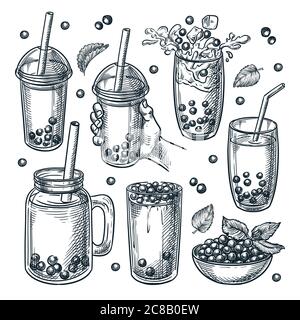 Set di bevande a base di tè Bubble Ice, isolato su sfondo bianco. Bevande dolci asiatiche estive con perle di tapioca. Illustrazione dello schizzo del vettore disegnato a mano di ha Illustrazione Vettoriale