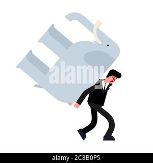 L'uomo porta elefante. Concetto di durata. Stanco di pagare il debito. Illustrazione Vettoriale