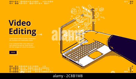 Pagina di destinazione isometrica per l'editing video. Produzione di film, software per computer o applicazione per montaggio di film. Puntamento manuale sullo schermo del laptop con app per l'editing di contenuti multimediali, banner Web line art di 3d Vector Illustrazione Vettoriale