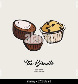 Cupcakes muffin isolati disegnati a mano linea vettoriale illustrazione vecchio stile. Biscotti vettoriali per tè, biscotti logo per la cucina Illustrazione Vettoriale