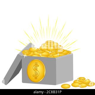 illustrazione vettoriale di una scatola con le monete isolate su sfondo bianco Illustrazione Vettoriale