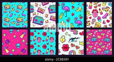 Modello senza cuciture anni '90. Modelli di moda pop retro anni '80 con funky adesivi doodle. Lips, nastro musicale e set di illustrazioni vettoriali rosa fenicottero. Cumero Illustrazione Vettoriale