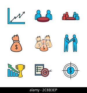 Business line e fill style Icon Set design, Management finanziario corporate e tema di investimento illustrazione vettoriale Illustrazione Vettoriale