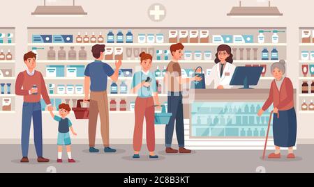 Farmacia. Farmacista vende varie persone farmaci, consulenza medica e acquistare farmaci in farmacia vettore illustrazione. Donna anziana, m Illustrazione Vettoriale