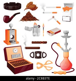 Sigaretta, sigari cubani e accessori. Illustrazione di cartoni animati vettoriali. Set di icone per il fumo di tabacco, hookah e nicotina, isolate su sfondo bianco Illustrazione Vettoriale