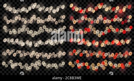 Set di luci fairy sfocate in bianco e rosso con effetti bokeh Illustrazione Vettoriale