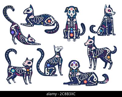 Animali di giorno. Dia de los muertos, teschi di cani e gatti, scheletri decorati con fiori, simboli tradizionali messicani latini di festa. Giorno di morti Illustrazione Vettoriale