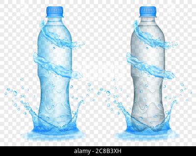 Due bottiglie di plastica traslucida in blu chiaro e grigio con corone e schizzi d'acqua, isolate su sfondo trasparente. Trasparenza solo in Illustrazione Vettoriale