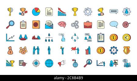 Business line e fill style Icon Set design, Management finanziario corporate e tema di investimento illustrazione vettoriale Illustrazione Vettoriale