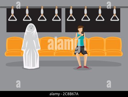 Donna fumettista seduto da sola in metro usando il telefono a mano e ignaro di un fantasma accanto a lei. Illustrazione creativa vettoriale su concep incontro soprannaturale Illustrazione Vettoriale