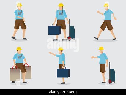 Cartoon turistico in vacanza con bagaglio e macchina fotografica appeso al collo. Set di sei illustrazioni vettoriali isolate su sfondo normale. Illustrazione Vettoriale
