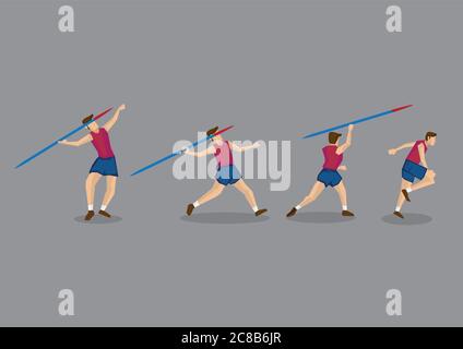 Sequenza di azione di atleta e pista che lancia javelin. Illustrazione del carattere vettoriale isolata su sfondo grigio. Illustrazione Vettoriale