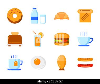 Set di icone per la colazione in stile piatto. Simboli per siti Web, riviste, app e design. Illustrazione Vettoriale