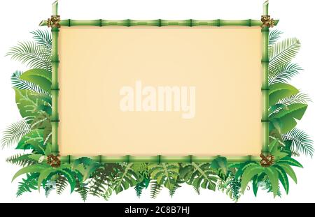 Sfondo tropicale dal design floreale con cornice di bambù verde Illustrazione Vettoriale