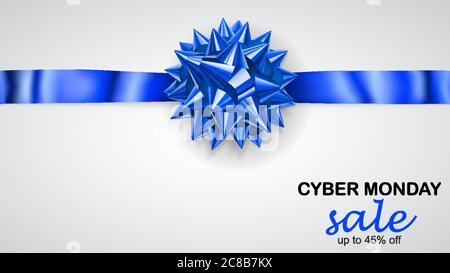 Arco blu con nastro orizzontale con ombra e iscrizione Cyber Monday sale su sfondo bianco Illustrazione Vettoriale