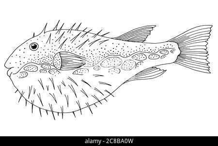 Grafico Puffer fish nero bianco vettore di illustrazione isolato Illustrazione Vettoriale