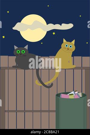 Due gatti vicoli innamorati su una recinzione sotto la luna Foto Stock