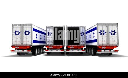 Concetto di importare merci da Israele per aprire i rimorchi ribaltabili 3D render su sfondo bianco con ombra Foto Stock