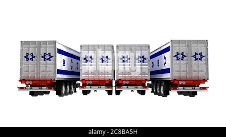 Concetto di importare merci da Israele per rimorchi ribaltabili 3D render su sfondo bianco senza ombra Foto Stock