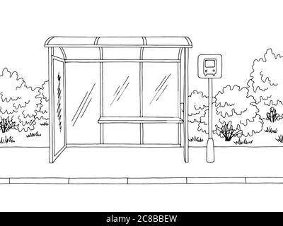 Immagine dello schizzo in bianco nero con arresto del bus Illustrazione Vettoriale