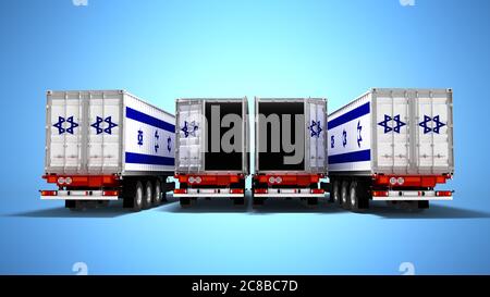 Concetto di importare merci da Israele per aprire i rimorchi ribaltabili 3D render su sfondo blu con ombra Foto Stock