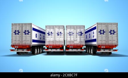 Concetto di importare merci da Israele per rimorchi ribaltabili 3D render su sfondo blu con ombra Foto Stock