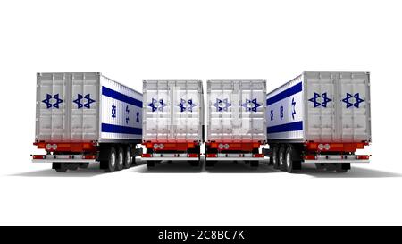 Concetto di importare merci da Israele per rimorchi ribaltabili 3D render su sfondo bianco con ombra Foto Stock