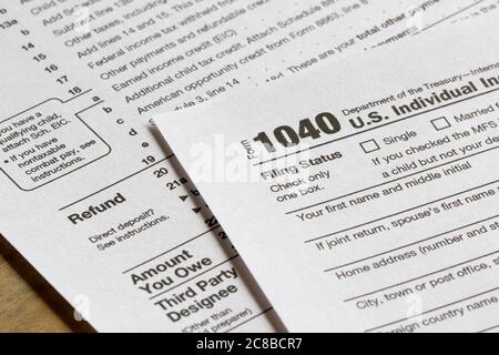 Modulo 1040, dichiarazione delle imposte sul reddito individuale degli Stati Uniti. Foto Stock