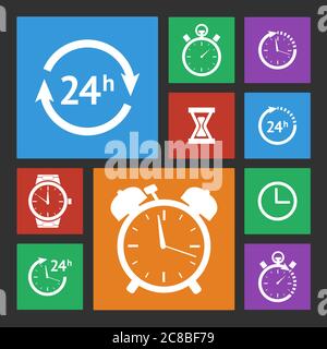 Icone di orologio bianche piatte vettoriali su quadrati colorati Illustrazione Vettoriale