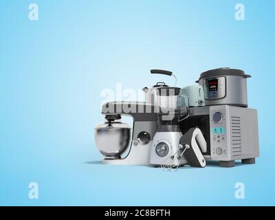 Set di concetto di elettrodomestici per cucina pentola miscelatore miscelatore bollitore elettrico 3d rendering su sfondo blu con ombra Foto Stock