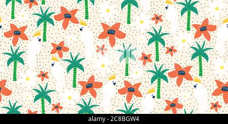 Motivo floreale tropicale senza cuciture con uccelli cockatoo. Uccelli esotici pappagalli tra fiori rossi e palme. Esotica illustrazione della fauna selvatica. Per Foto Stock