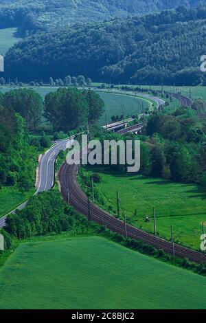 Binari ferroviari lungo lato di una strada asfaltata attraverso la foresta. Foto Stock