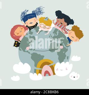 Bambini in tutto il mondo. Giornata internazionale dell'amicizia. Giorno della terra Illustrazione Vettoriale