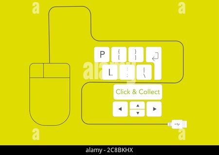 Fare clic e raccogliere il collegamento di shopping su Internet con tastiera e mouse Illustrazione Vettoriale