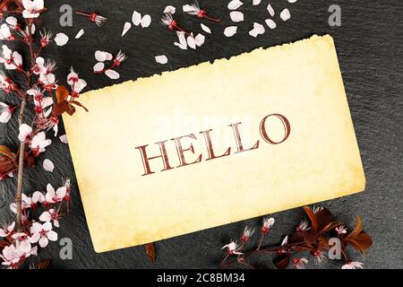 ciao scritto su carta invecchiata con ramoscello di mandorle su tessitura di pietra Foto Stock