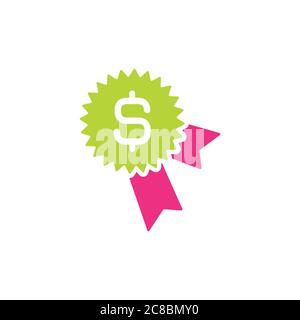 Stella verde con nastro rosa magenta e simbolo bianco del dollaro. Icona vettore piatto isolata in bianco. Pittogramma Money Award. Ideale per software e web interf Illustrazione Vettoriale