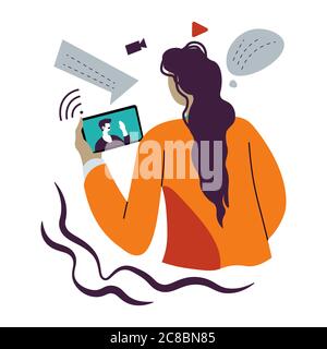 Donna che parla tramite videoconferenza utilizzando smartphone, connessione e comunicazione Illustrazione Vettoriale