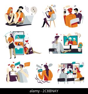 Famiglie che comunicano tramite videoconferenza e chat online vettoriale Illustrazione Vettoriale