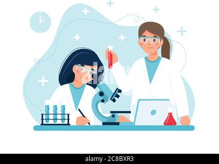 Scienziato al lavoro, personaggi che conducono esperimenti in laboratorio. Illustrazione vettoriale in stile piatto Illustrazione Vettoriale