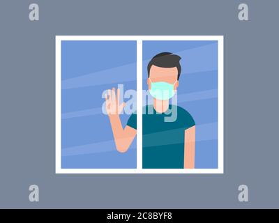 Uomo con maschera medica che guarda attraverso la finestra. Isolamento di auto, quarantena, concetto di soggiorno a casa. Covid 19 ansia e depressione. Vettore, piatto Illustrazione Vettoriale