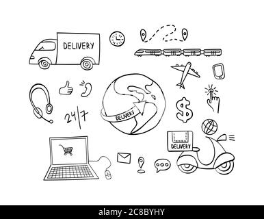 Set di icone disegnate a mano per la consegna. Elementi di spedizione Doodle isolati su sfondo bianco. Illustrazione vettoriale. Illustrazione Vettoriale