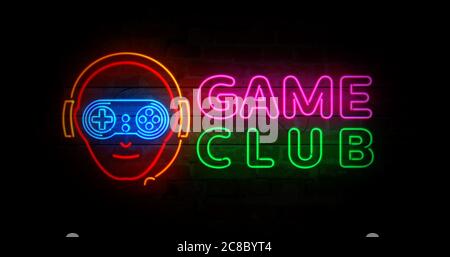 Game club con simbolo del giocatore simbolo del neon sulla parete di mattoni. Lampadine con videogiochi ed eSport. Illustrazione concettuale astratta. Foto Stock