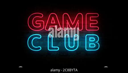 Game club con simbolo del giocatore simbolo del neon sulla parete di mattoni. Lampadine con videogiochi ed eSport. Illustrazione concettuale astratta. Foto Stock