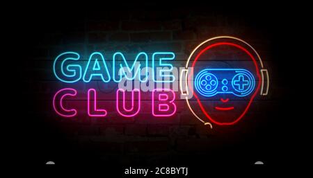 Game club con simbolo del giocatore simbolo del neon sulla parete di mattoni. Lampadine con videogiochi ed eSport. Illustrazione concettuale astratta. Foto Stock