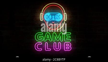 Game club con simbolo del giocatore simbolo del neon sulla parete di mattoni. Lampadine con videogiochi ed eSport. Illustrazione concettuale astratta. Foto Stock