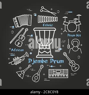 Banner vettoriale lineare nero per musica - djembe drum Illustrazione Vettoriale