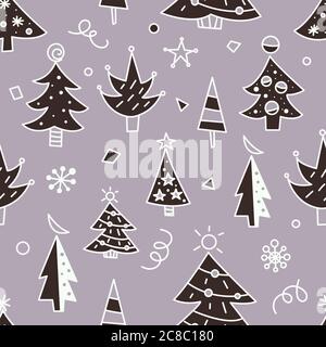 Albero di Natale doodles modello senza giunture per biglietti di auguri o banner. Stampa disegnata a mano con alberi di Natale per avvolgere carta, tessuti Illustrazione Vettoriale