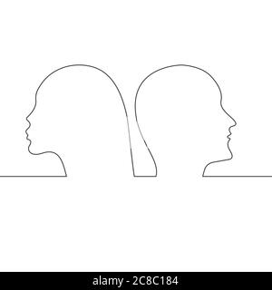 Divorzio o litigazione in coppia, profili di linea continua di uomini e donne Illustrazione Vettoriale