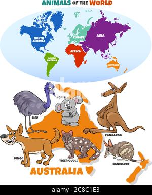 Cartoon educativo illustrazione di animali tipici australiani e mappa del mondo con i continenti Illustrazione Vettoriale